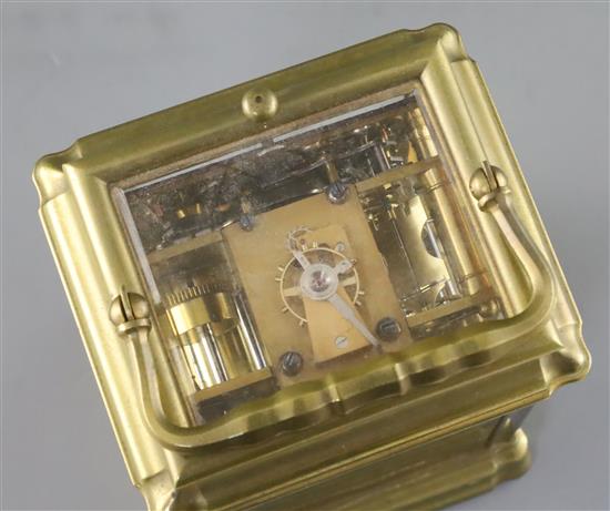 An early 20th century French hour repeating carriage alarum clock, H.6.25in.